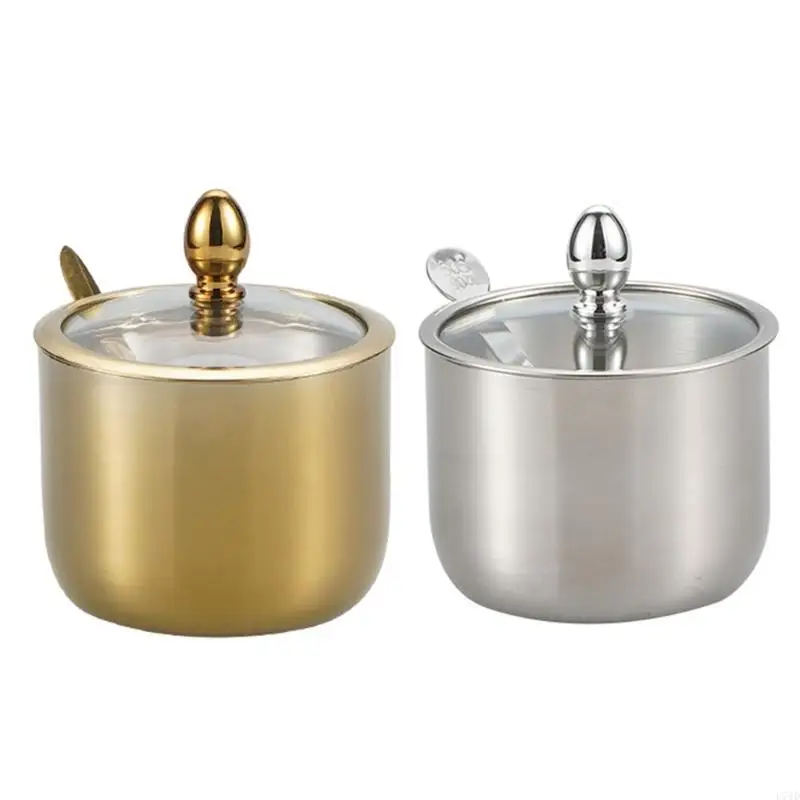 

L74D Stainless Steel Sugar Bowls With Clear Lid Spoon Seasoning Box Multifunctional Kitchen Storage For Spices And More