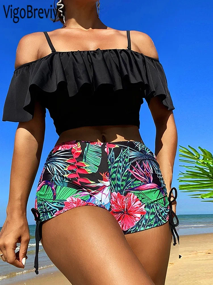 

VigoBreviya 2025 Print Off Shoulder Strapped Swimwear Women Push Up High Waist Bikini Sexy Backless Swimsuit Summer Bathing Suit