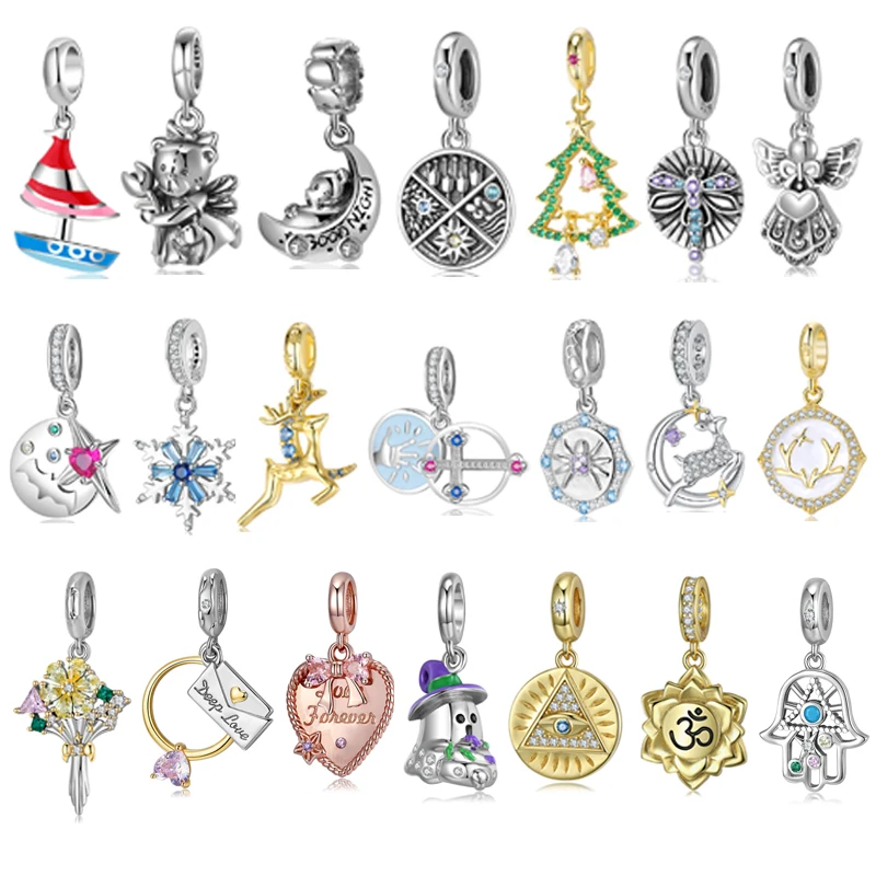 Christmas Charm Crystal Elk Bow Garland Christmas Tree 925 Silver Charms Jewelry Making Gold Plated Pendants for Women Bracelet