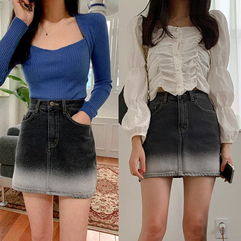 Summer Zipper Slim Gothic Club Jean Skirt Women High-Waist Gradient Color Whiten Vintage Denim Short Skirts Female Streetwear