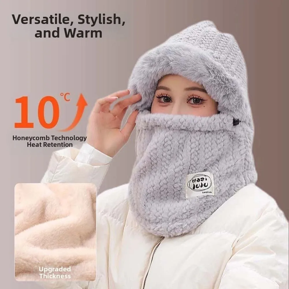 Plush Winter Integrated Scarf Cap 4 in 1 Soft Mask Woolen Hat Thickened Big Head Circumference Cold Proof Scarf Outdoor
