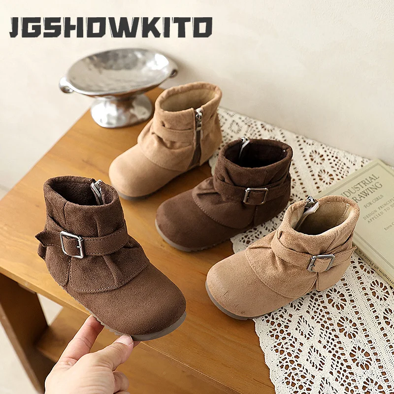 JGSHOWKITO Winter Children's Ankle Boots Warm Furry Hairy Girls Outdoor Cotton Boots Flurry Vintage Non-slip Kids Thermal Boots