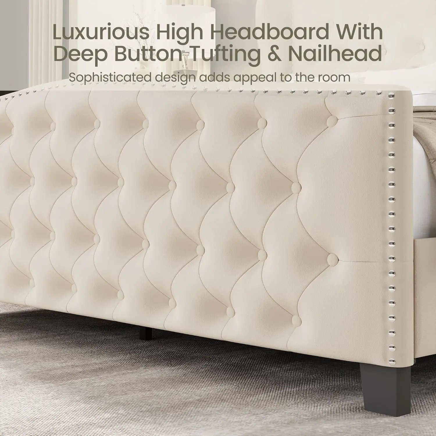 Queen Size Bed Frame Velvet Upholstered Platform Bed with Wingback Headboard & Footbaord, Deep Button Tufted Bed, Customized - view 5