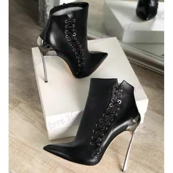 Stivaletti con tacco in metallo legato incrociato nero scarpe con punta a punta in pelle opaca per donna scarpe Sexy con tacco alto 2024 Zapatos Para Mujere