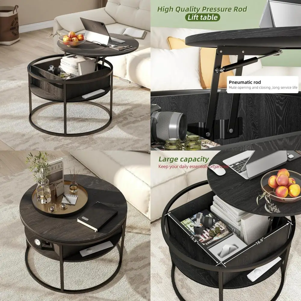 

Farmhouse Style Lift Top Coffee Table with Storage, Black Wooden Living Room Furniture