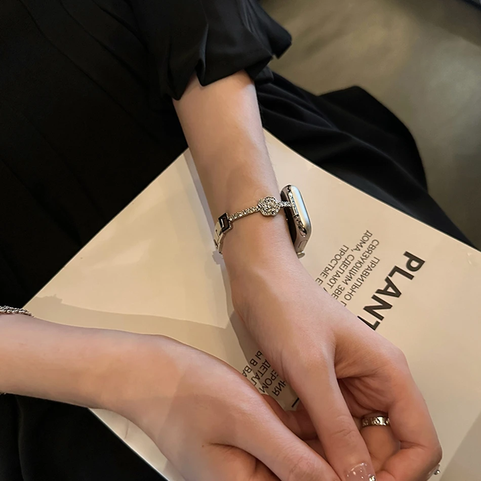 سوار كاميليا زركون فاخر لساعة أبل سلسلة 10 9 8 7 6 SE 5 4 3 2 1 ألترا iwatch 46 مم 38 مم 40 مم 41 مم 42 مم 44 مم 45 مم 49 مم سوار معدني أنيق للنساء