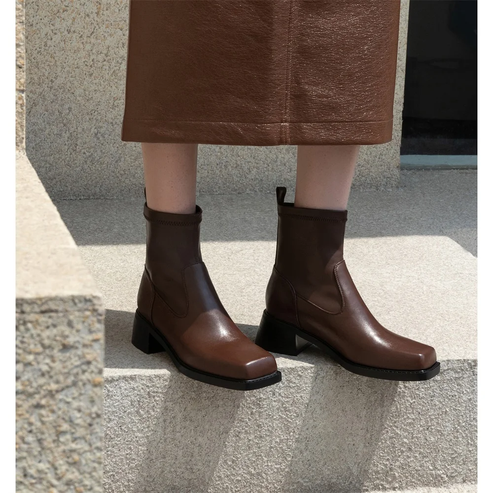 Taoffen Fashion Square Toe Women Ankle Boots Slip On Block Heel Short Boots Female Solid Color Office Dress Boots 2024 New Trend