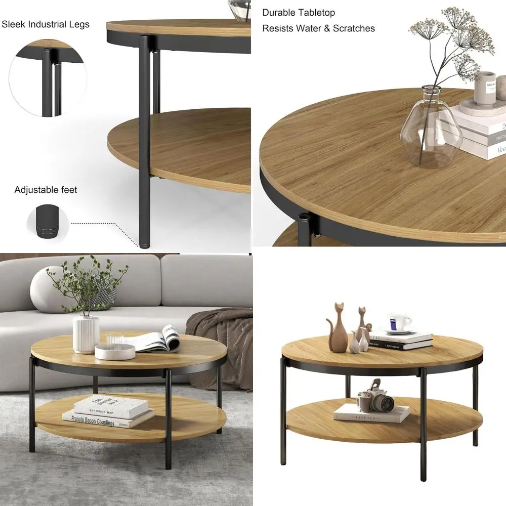 

Oak Modern Round Coffee Table with Storage Shelf and Black Metal Frame for Compact Living Rooms