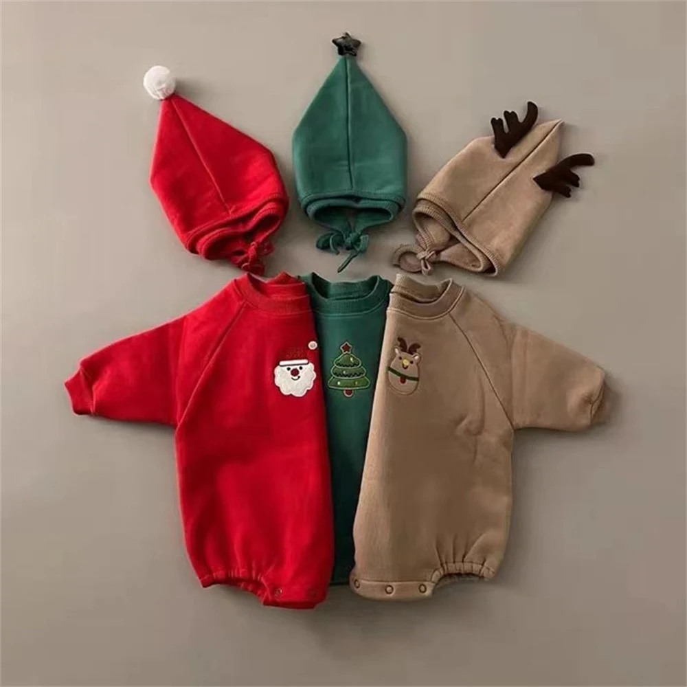 Newborn Baby Christmas Clothes Autumn Winter Long Sleeve Bodysuit and Hat 2PCS New Year Costume Baby Outfits Set 0 to 18 Months