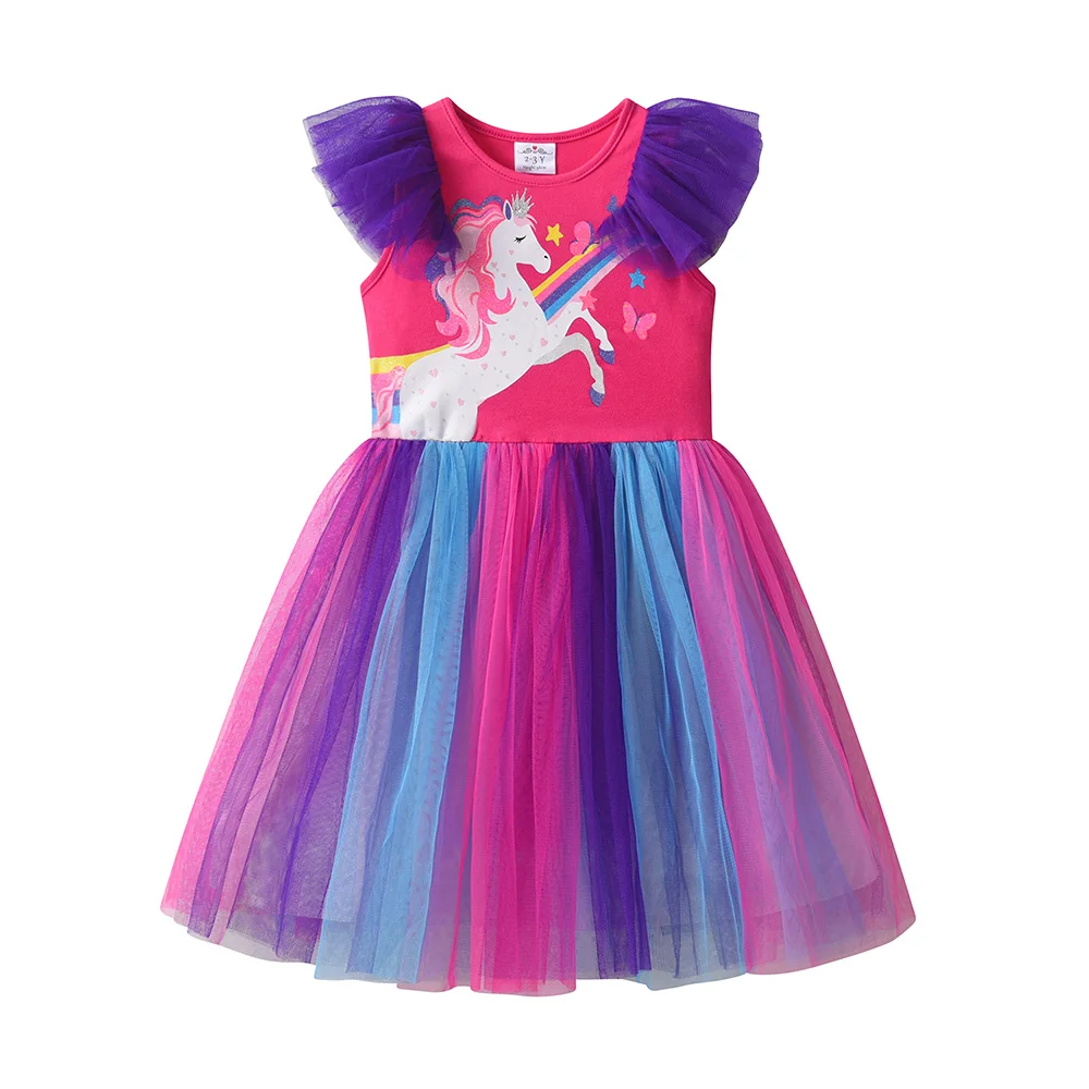 VIKITA Girls Unicorn Rainbow Colorful Gradient Dress Kids Ruffle Sleeve Summer Tulle Pink Purple Cute Birthday Party Prom Gown