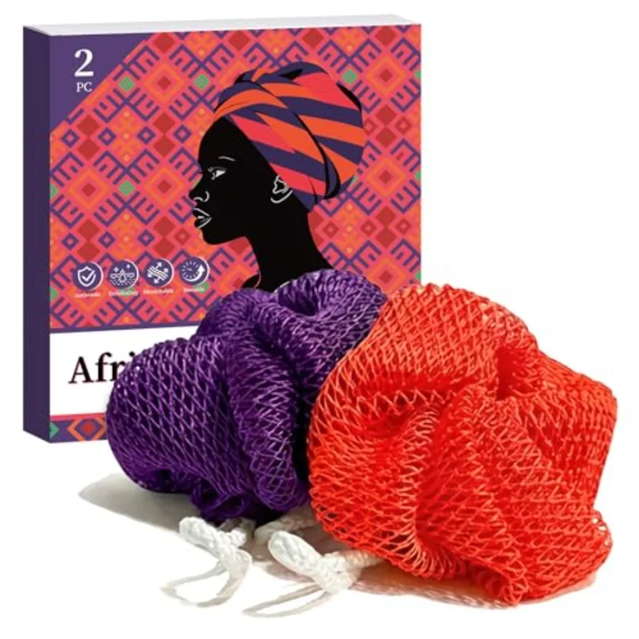 African Net Sponge Authentic 2 Pack, Exfoliating Body Scrubber for Daily Use, Back Scrubber Bath Sponges for Women Men, Travel