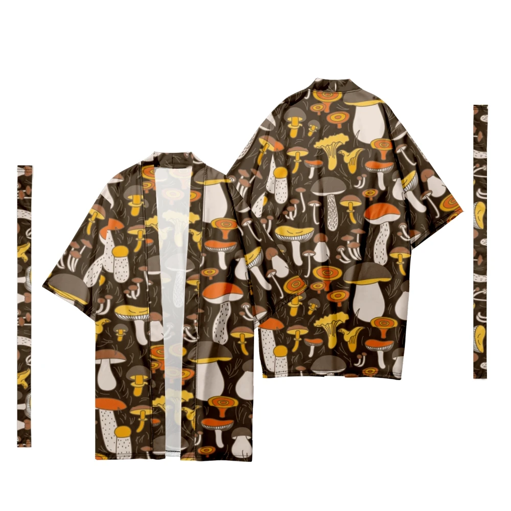 Men's Japanese Long Kimono Cardigan Men's Samurai Costume Kimono Mushroom Pattern Kimono Shirt Yukata Jacket 5