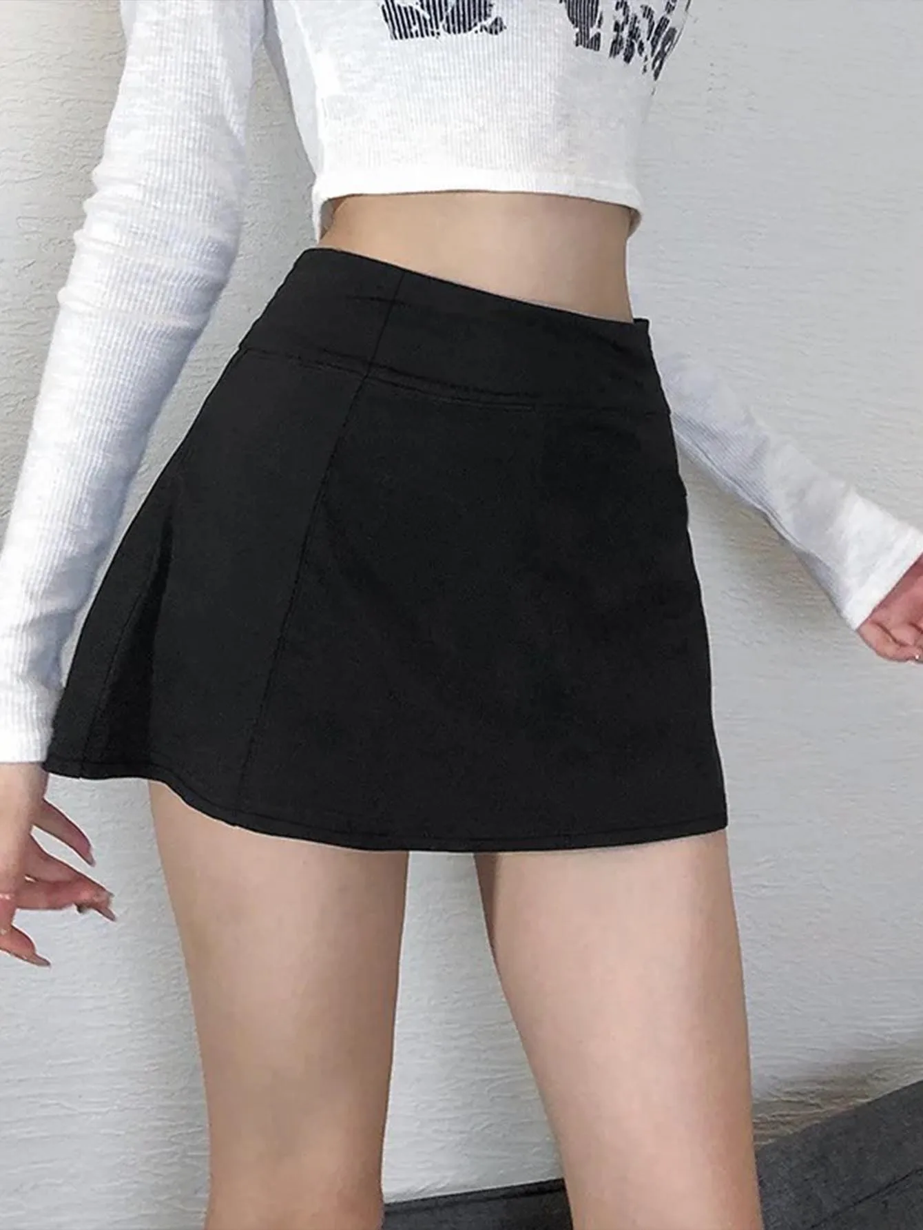 Black High Waist Cargo Mini Skort Side Zipper Decor A Line Y2K Slim Skirt With Liner Shorts