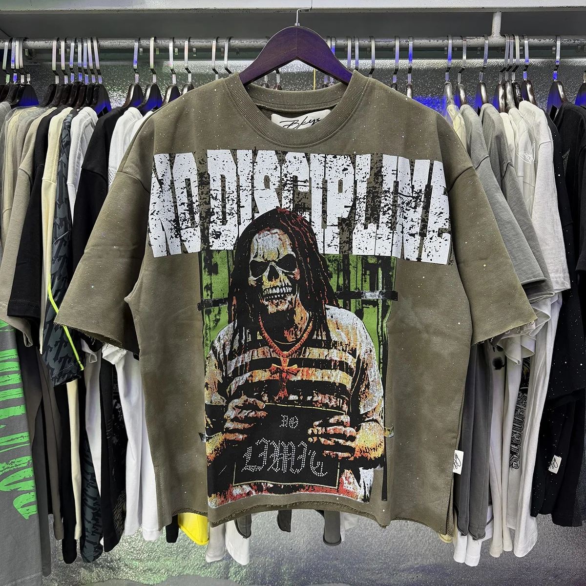 Retro American Skeleton Print Hip Hop Rock BKYS Brand Old Fashioned Fleece Sweatshirt Short Sleeve T-Shirt Street Style City ...