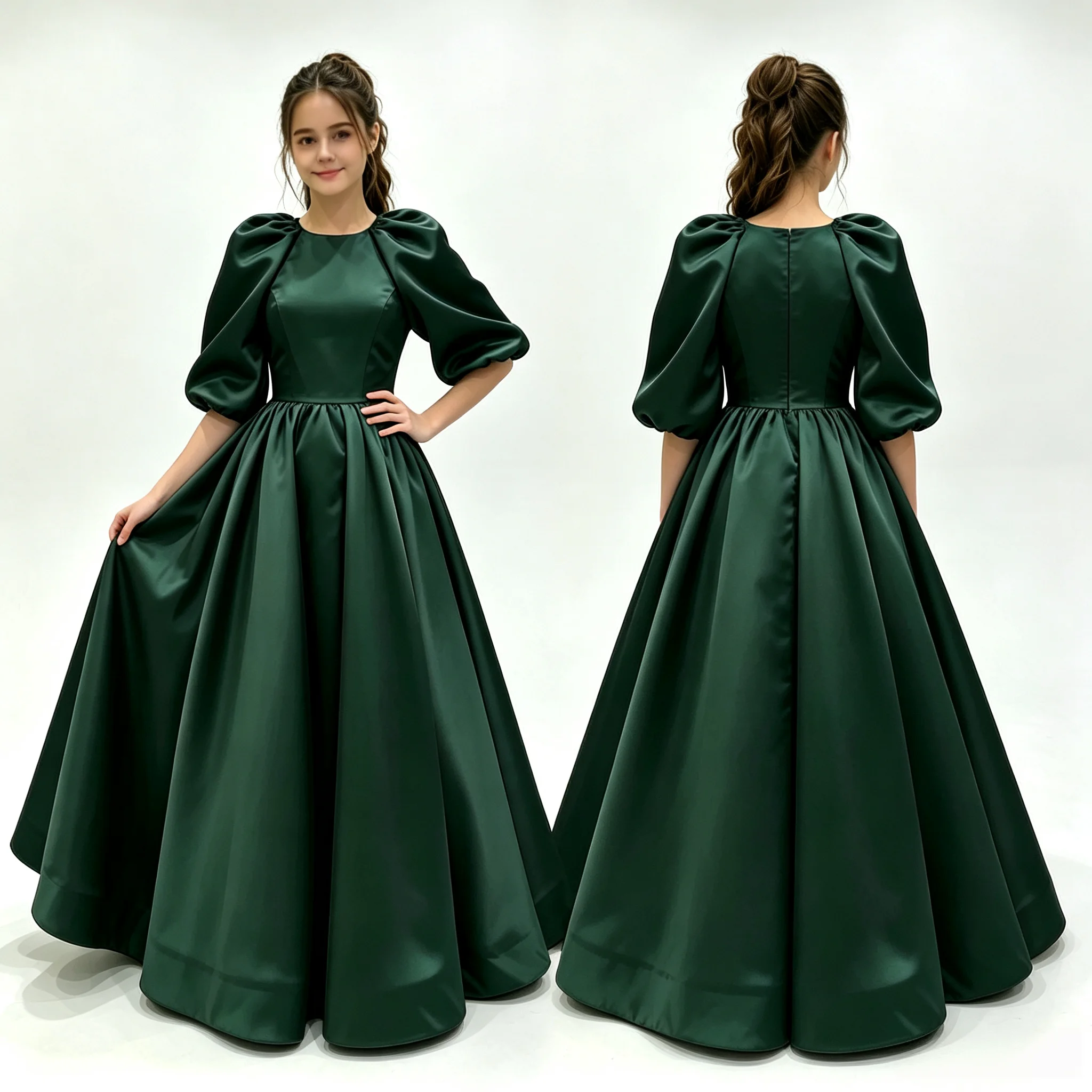 Elegant Dark Green Satin Flower Girl Gown Round Neck Puff Elbow Sleeve A‑Line Long Kids Prom Concert Performance Gown