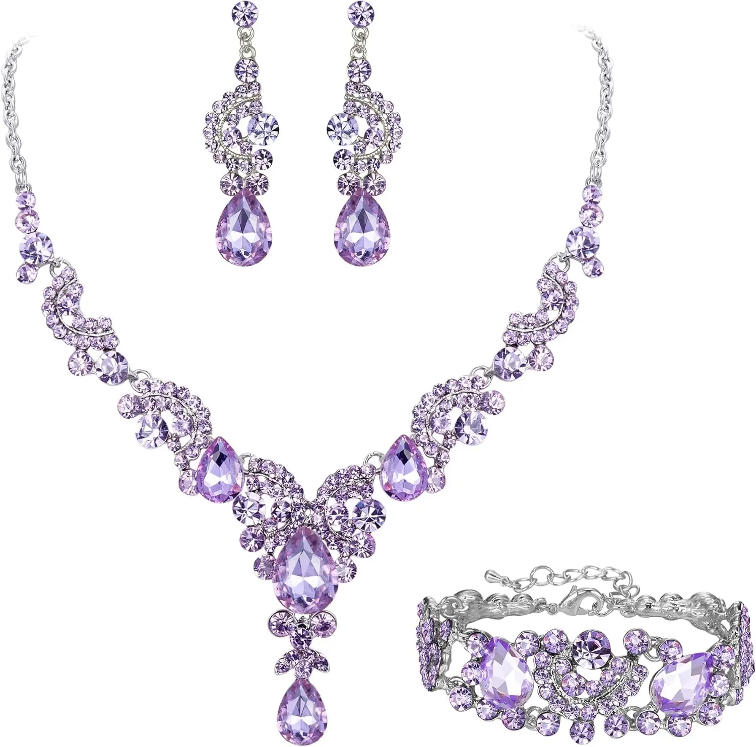 Sparkling Floral Teardrop Jewelry Set for Brides, Rhinestone Crystal Necklace Earrings Bracelet 3-Piece