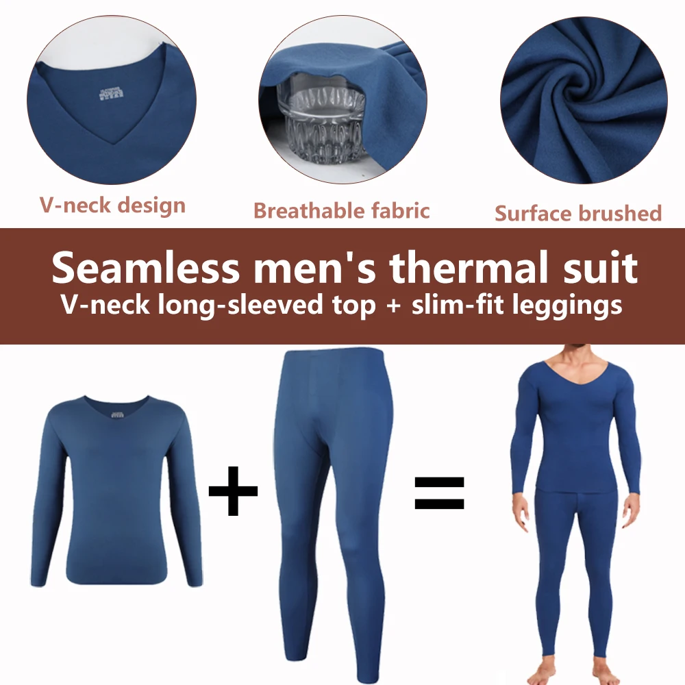 L-4XL Winter Men\'s Brushed Thermal Underwear V-Neck Long Sleeve Top Bottoming Pants Set Seamless Comfortable Pajamas 2Pcs New In