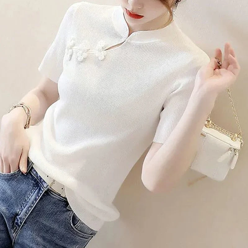 Summer New Round Neck Fashion Short Sleeve T-Shirts Women High Street Elegant Knitting Pullovers Solid Color All-match Chic Top