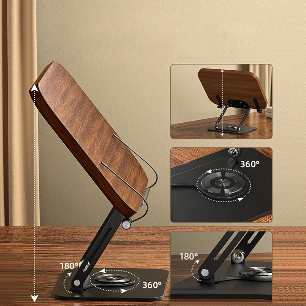 Solid Wood Reading Rack 360° Rotating Base with Elastic Page Clips Book Stand Foldable Adjustable Laptop Holder for Readers