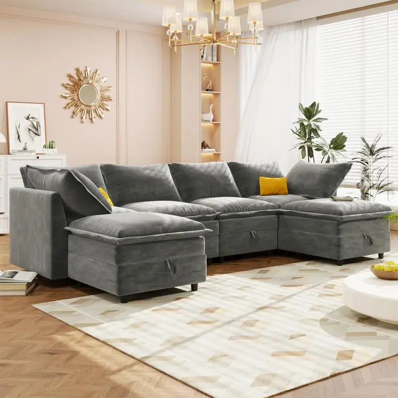 6-Piece Modular Sofa Bed with Storage, Stylish Faux Double-Layer Cushions, Comfortable and Durable Design for Any Living Space