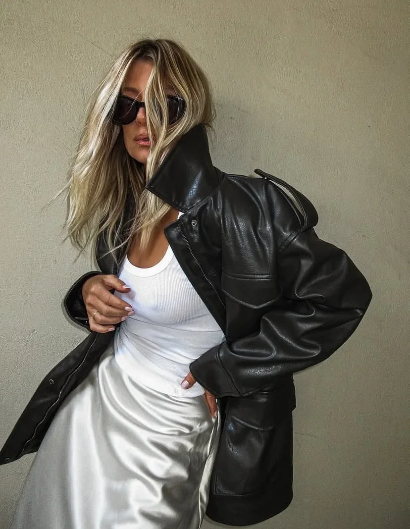 Giacca da donna in pelle con lacci retrò tinta unita Giacca casual con risvolto a maniche lunghe Tasca Giacche larghe Lady Capispalla da strada per pendolari quotidiani