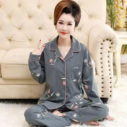 Middle-aged and Elderly Mother Pajamas Women's 100% Pure Cotton Long-sleeved Spring and Autumn Plus Lapel Loungewear Set Comfort