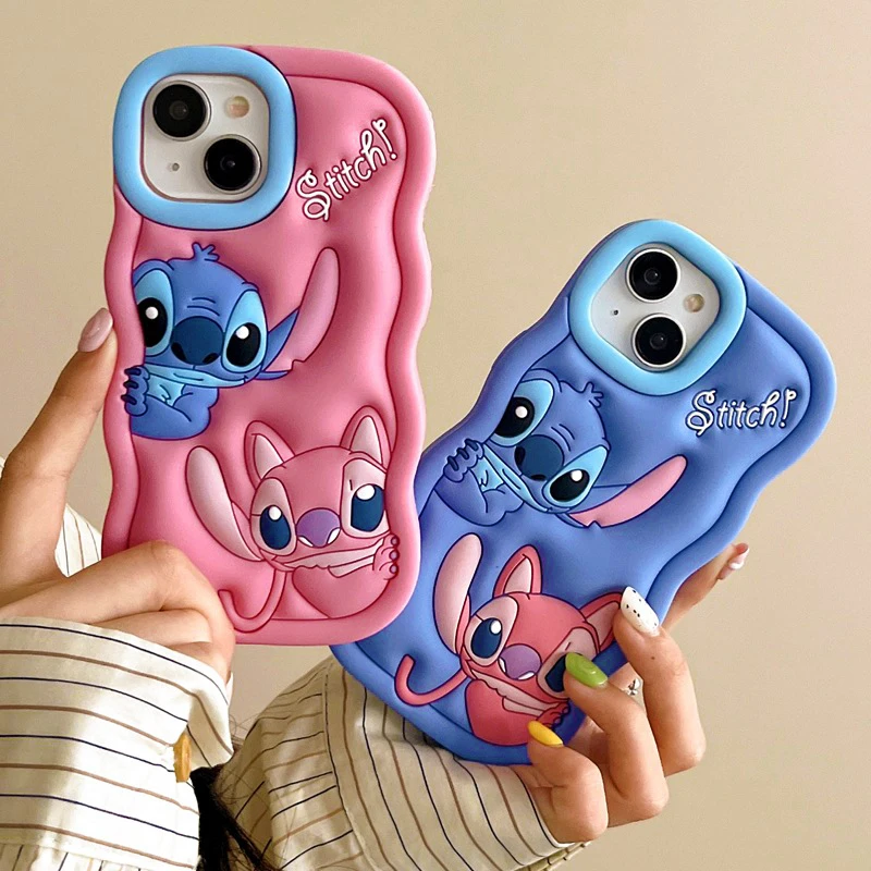 Custodia per telefono Coppia Stitch 3D per Apple iPhone 11 16 15 Plus 13 12 Mini X XS XR 14 Pro Max Cartoon Cute Wave Edge Cover in silicone