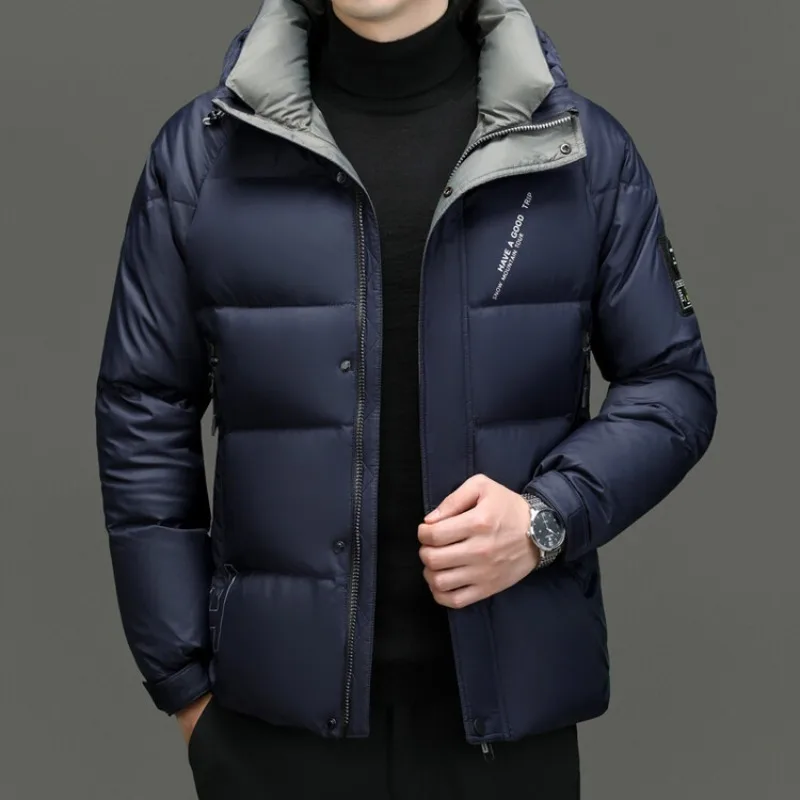 Winter Men's Thickened Warm Hooded Down Jacket with Letter Printing Casual Fashion Outdoor Windproof Men's Long Sleeved Jacket