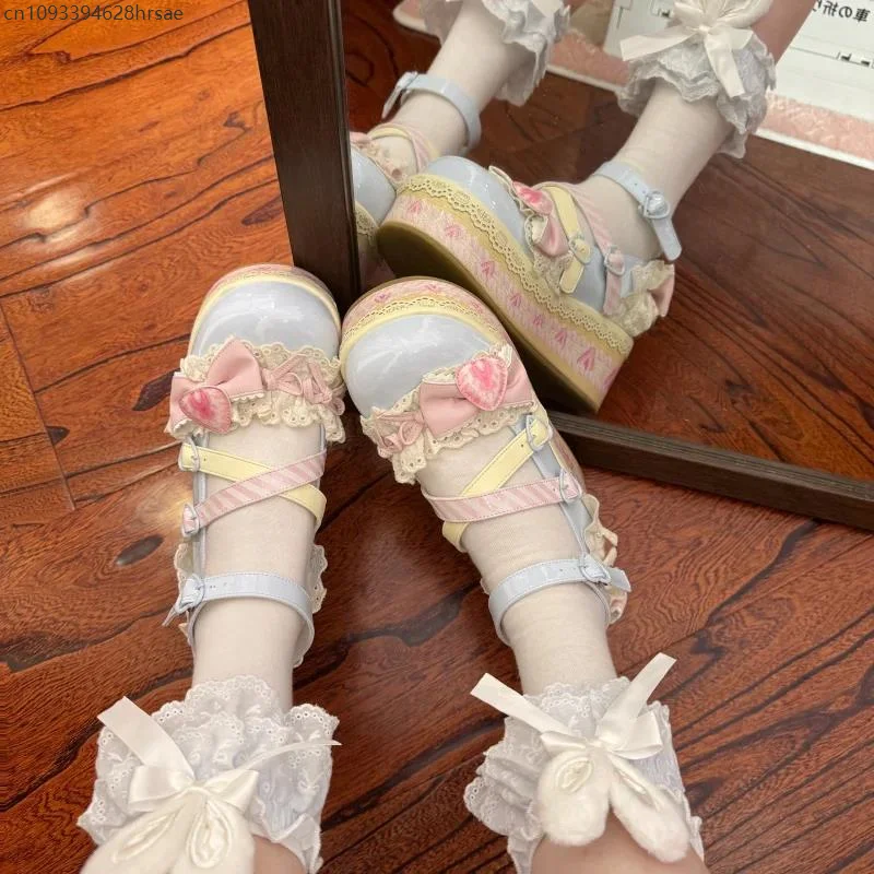 2025 Sweet Girls Lolita Flat Platform,Female Students Lace Strawberry Bowknots Cute Marry Jane Elevator Shoes