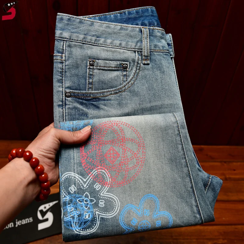 

Men's American High Street Printed Jeans Spring Summer Slim Fit Vintage Korean Style Casual Denim Pants