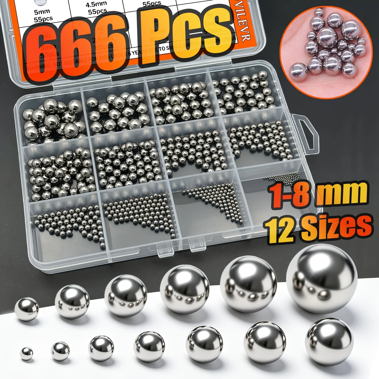 666PCS 304 Stainless Steel Bearing Balls Kit 1–8mm, 12 Size Precision Steel Balls for Bicycle Repair Assorted Loose Set