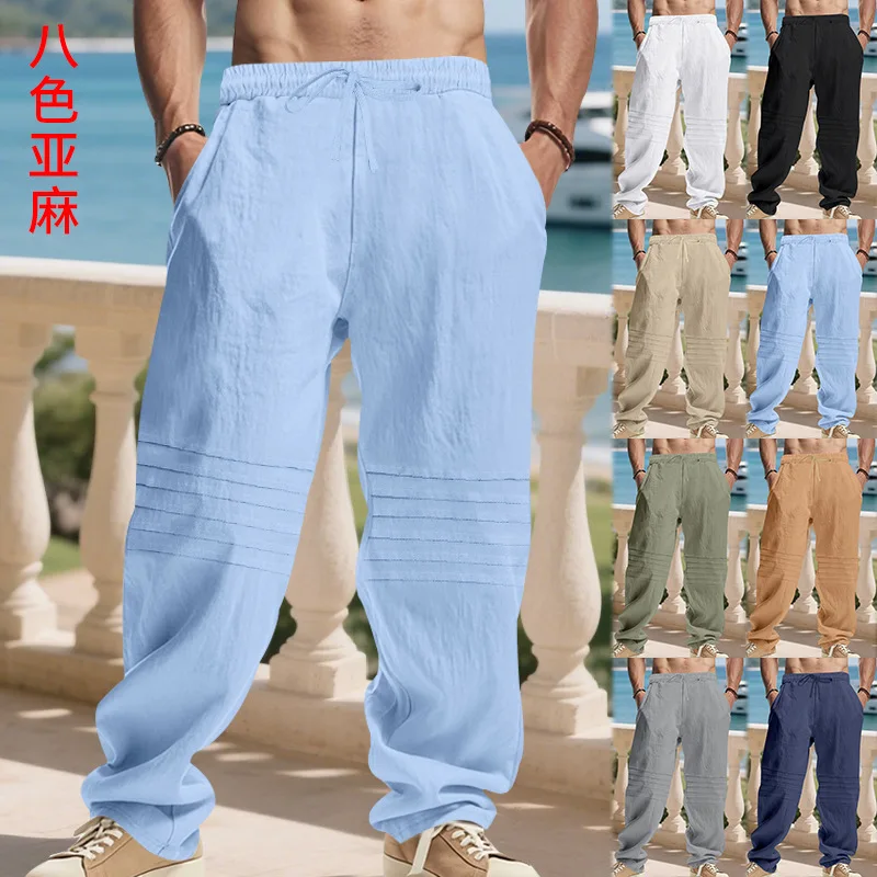

Новинка 2026 года: мужские льняные брюки для весны и осени, американские свободные плиссированные прямые широкие брюки в простом стиле
