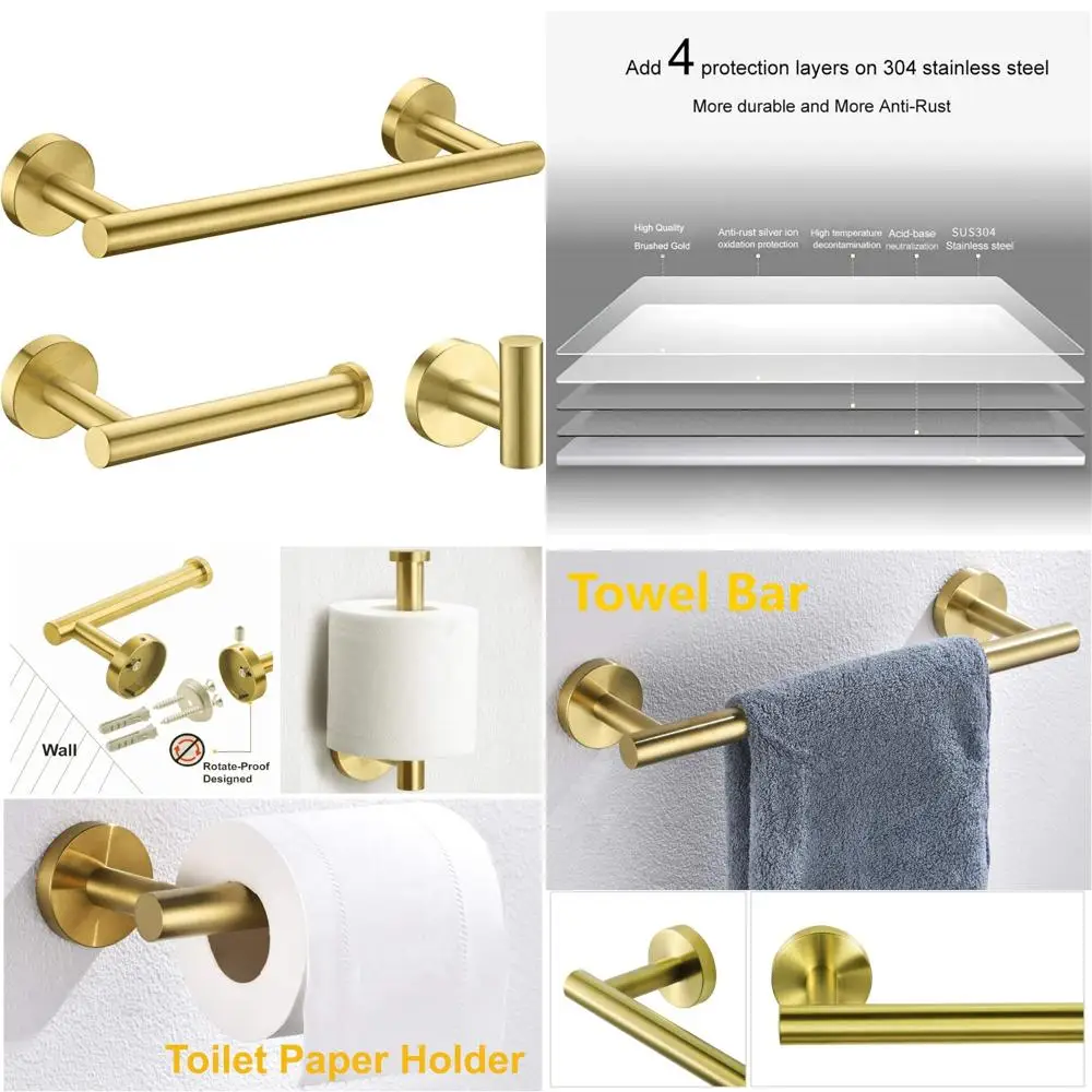 

Nolimas 3-Pieces Brushed Gold Bathroom Hardware Set SUS304 Stainless Steel Round Wall Mounted Includes 12 Hand Towel Bar,Toilet