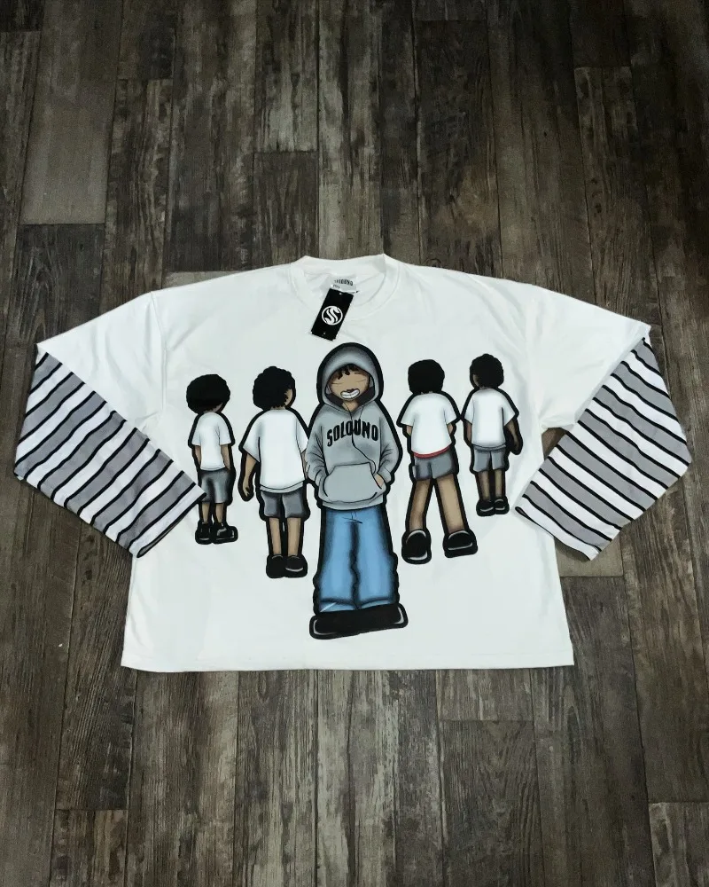 Rua americana dos desenhos animados carta impressa manga longa homem y2k goth harajuku moda camiseta casal casual solto personalidade topo