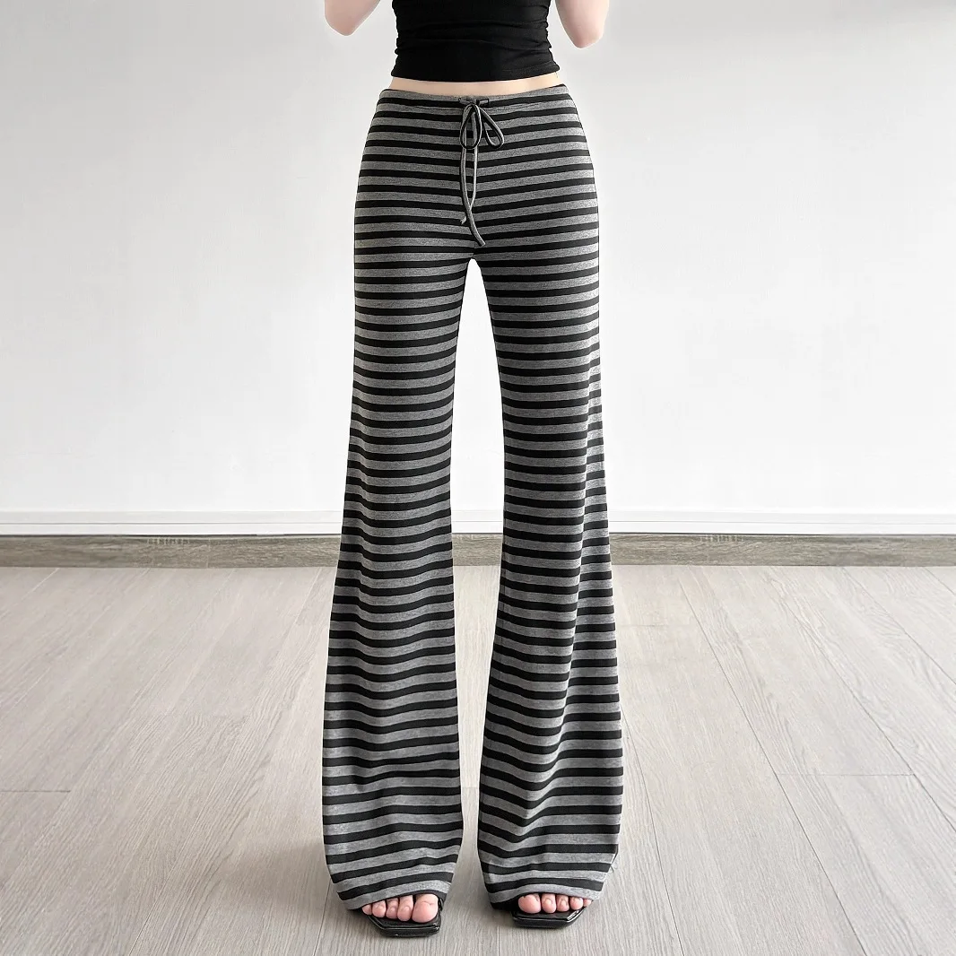 Colorblock Elastic Waist Tie Stripe Casual Pants Lounge Loose Fit Trousers for Women