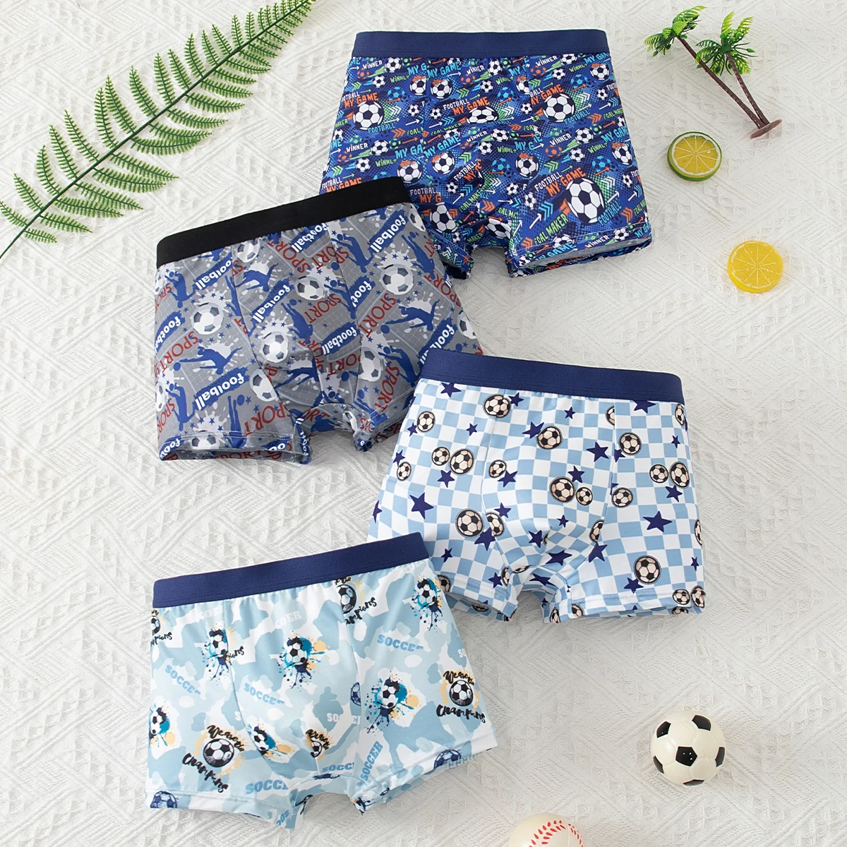 4-Piece Set of Boys' Four Season Football Print Handsome Underwear Children's Soft Boxer Shorts Cute and Comfortable Home Shorts