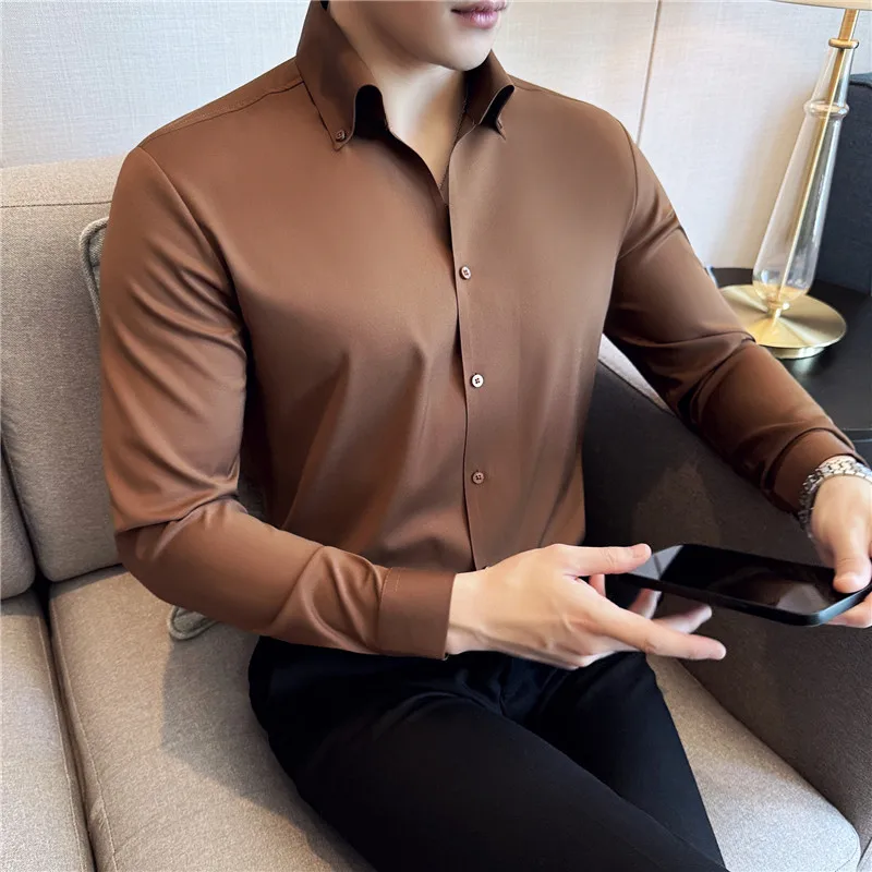 M-4XL High Quality Solid Color Shirt for Men Long Sleeve Casual Business Dress Shirts Seamless Comfortable Social Men Clothing