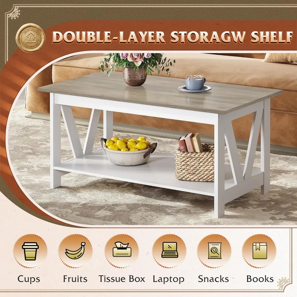 Mesa de centro con estante de almacenamiento, mesa de centro de granja de 39,4" con soporte de marco en V, mesa central rústica de madera de 2 niveles para sala de estar