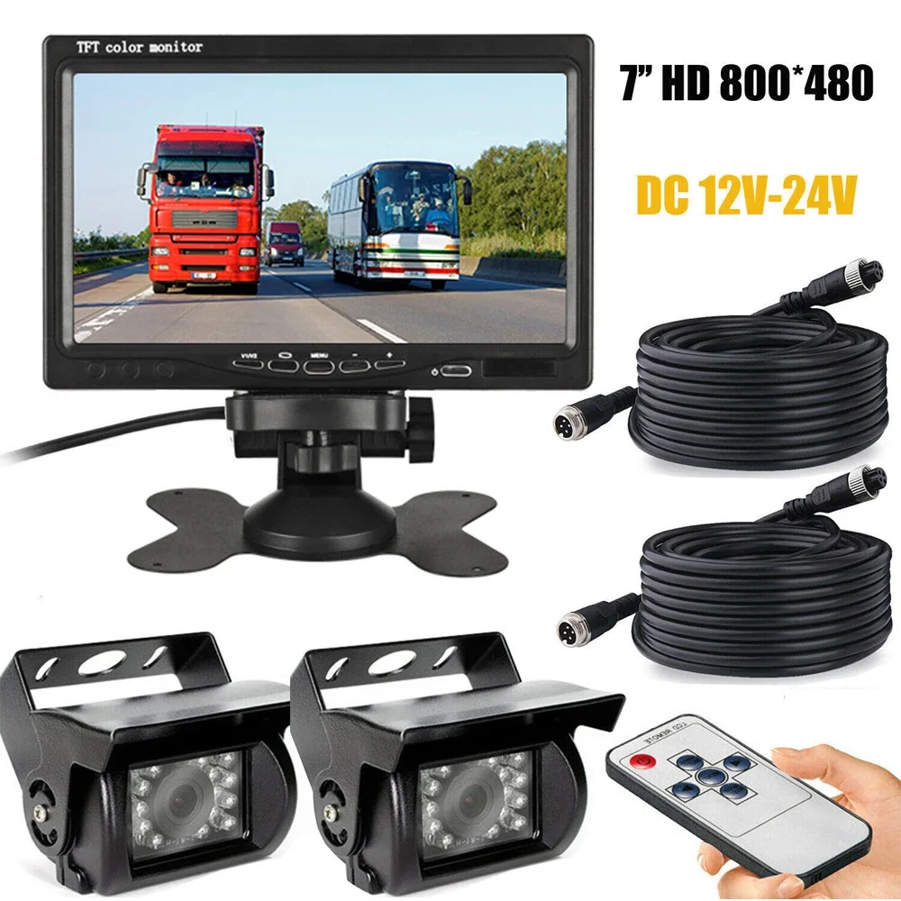

2 x 4Pin IR Backup Camera + 7" Monitor Car Rear View Kit Bus Truck with 10m Cable for car camera