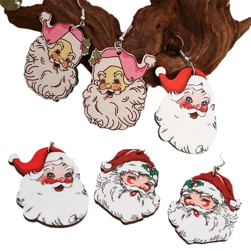 6 Pcs Fashion ClausSanta Claus Cartoon Personality Wooden Earrings Women Party Christmas Gift Jewelry