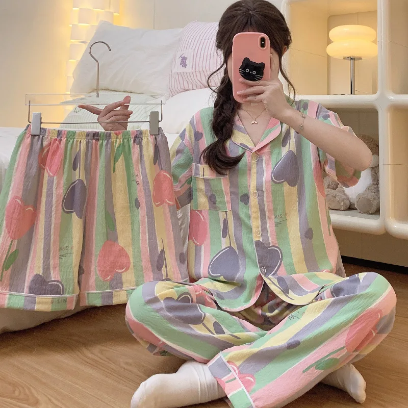 Women\'s New Three-Piece Pajamas Homewear Striped Printed Dopamine Colorful Clouds Cotton Short-Sleeved Shorts Girls Homewear