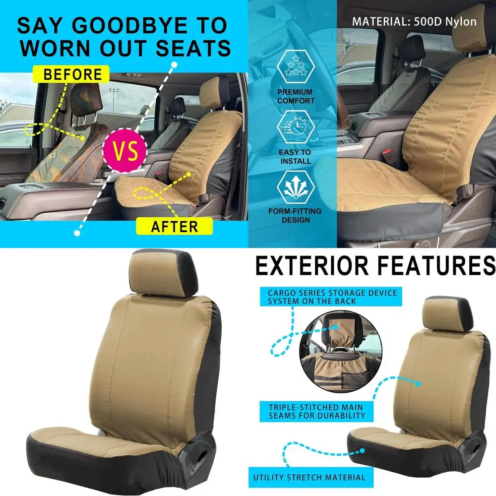 

Universal Nylon Canvas Fitted Bucket Seat Cover, Cut-Resistant & Waterproof Front Seat Protector for Trucks (Brown)