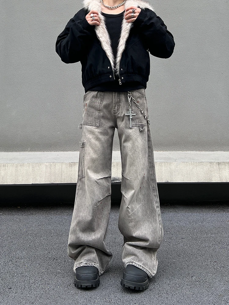 

Retro American Waed Denim Wide Leg Men's Jeans High Street Loose Long Pants Logging Workwear Cotton Linen Blend Youth Faion