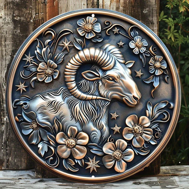 

Aries Zodiac Sign Aluminum Metal Wall Decor, Door Hanger, HD Printing, Weather Resistant Outdoor Sign with Detailed Illustration