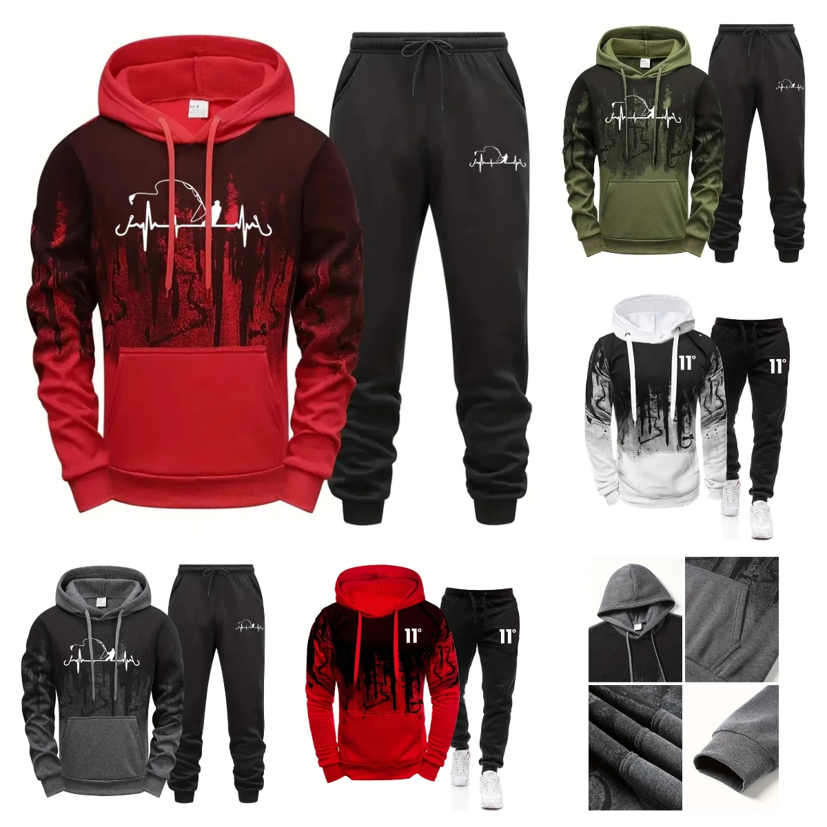 

Men's Printed Hoodie and Pants Set, Autumn Winter Fashion Tracksuit, Casual Hooded Sweatshirt & Joggers for Running Streetwear