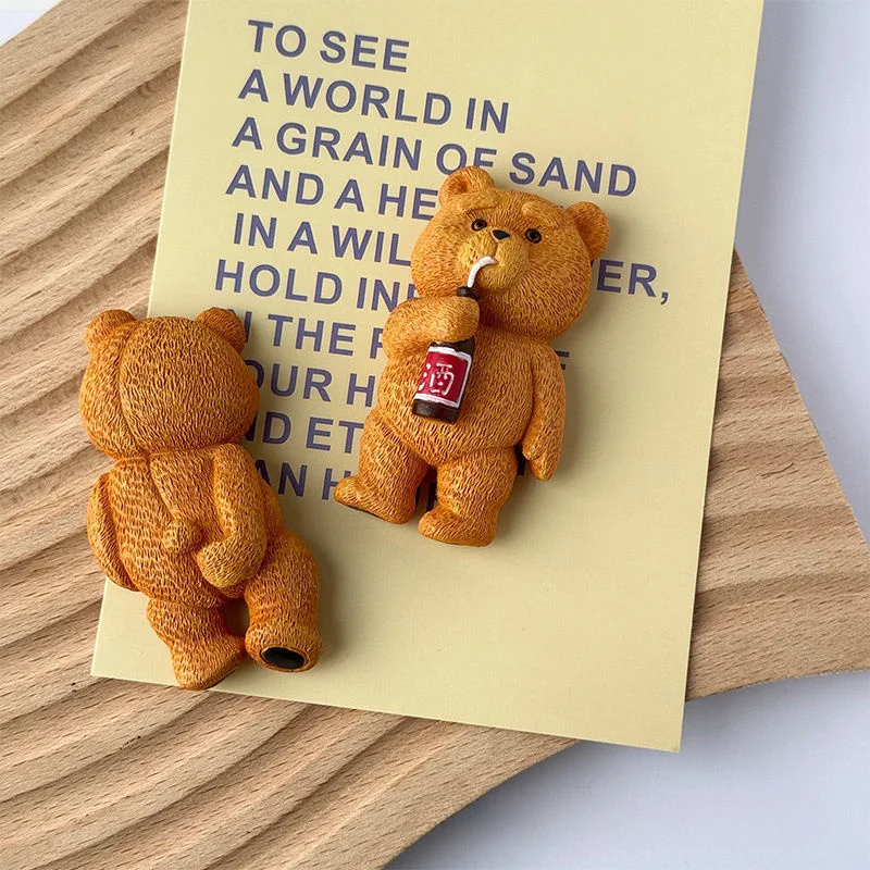 2pcs Cute Teddy Bear Magnetic Refrigerator Stickers - Orange ABS Material, Fun Drinking & Eating Designs, Perfect for Kitchen
