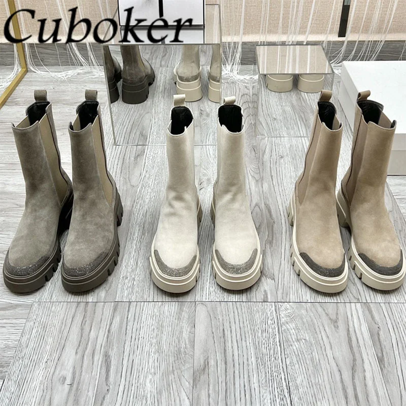 Hot Sale Winter Women Suede Calf boots Lace up Thick Sole Round toe Female Suede Zip Ladies Fur side Boots Women Shoes mujer