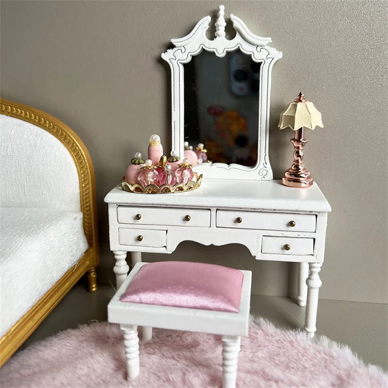 1Set 1:12 Dollhouse Simulation Dressing Table Makeup Mirror W/Stool Model Kit Doll House Bedroom Furniture Micro Scene Prop