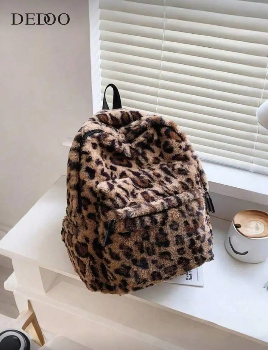 

Fluffy Leopard Backpack - Large School Bag for Teen Girls Women Travel College