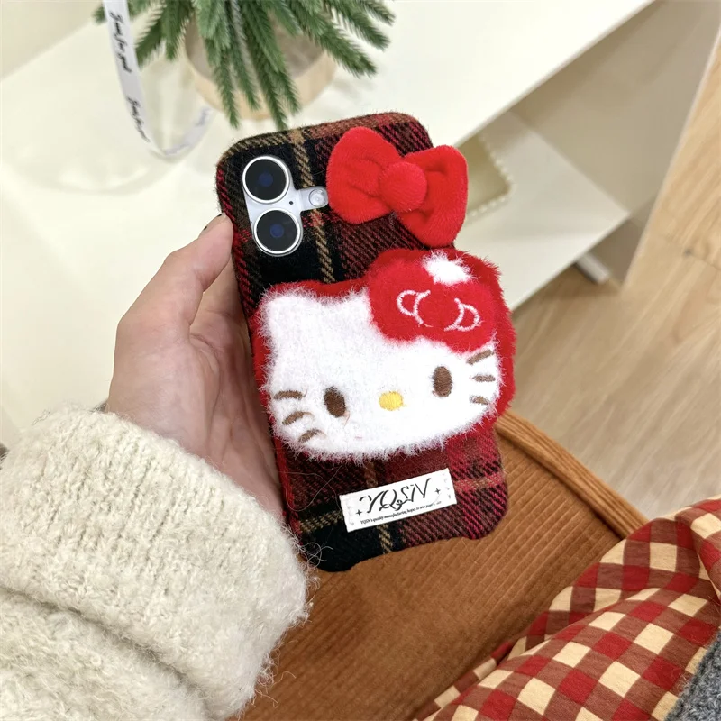 Hot European American Style Plush Cute Hello Kitty Lattice Button KT Protect Case For iPhone 12 13 14 15 16Pro Max KT fluffy fur